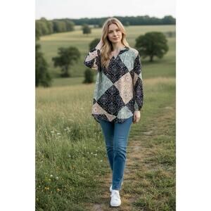 Pleione Women's M Blue Black Ivory Color Block Floral Geometric Chiffon Tunic